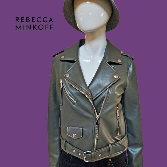 REBECCA MINKOFF NEW OLIVE Faux Leather Belted Waist Moto Jacket M - Picture 2 of 12